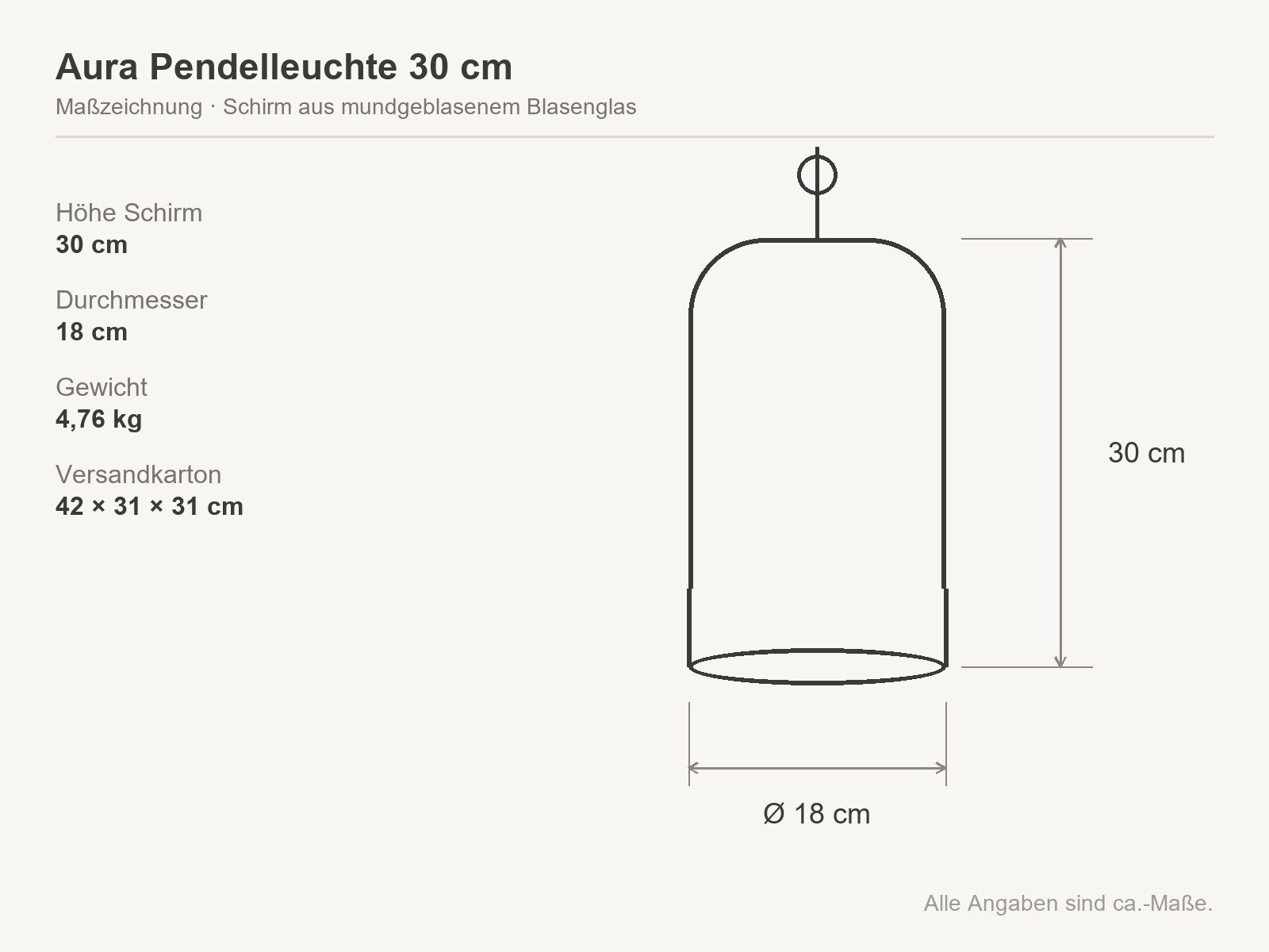 Micadoni Aura Pendelleuchte 30 cm Rauchglas – Maßzeichnung mit Höhe 30 cm und Durchmesser 18 cm