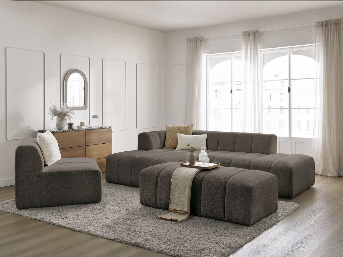 Bobochic Annecy Ecksofa mit Sofamodul und Pouf Bouclé-Stoff Braun Ecke links