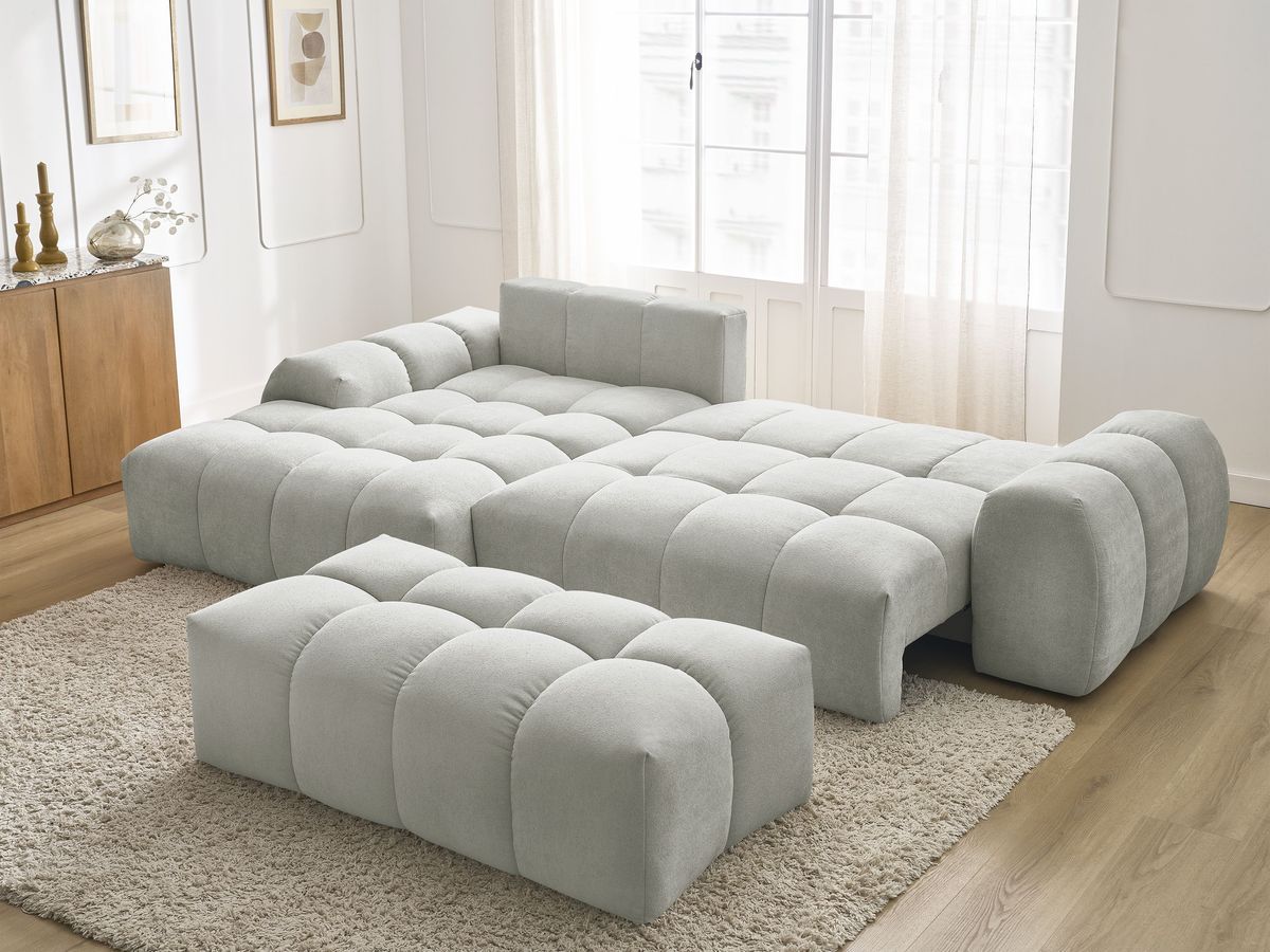 Bobochic Everest Ecksofa mit Schlaffunktion und Bettkasten und Pouf 318 × 180 cm, 3 Kissen Strukturstoff Hellgrau Ecke links