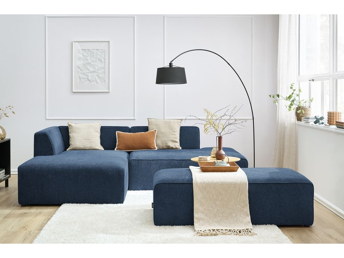 Bobochic Megeve Ecksofa mit Schlaffunktion und Pouf Strukturstoff Dunkelblau Ecke links