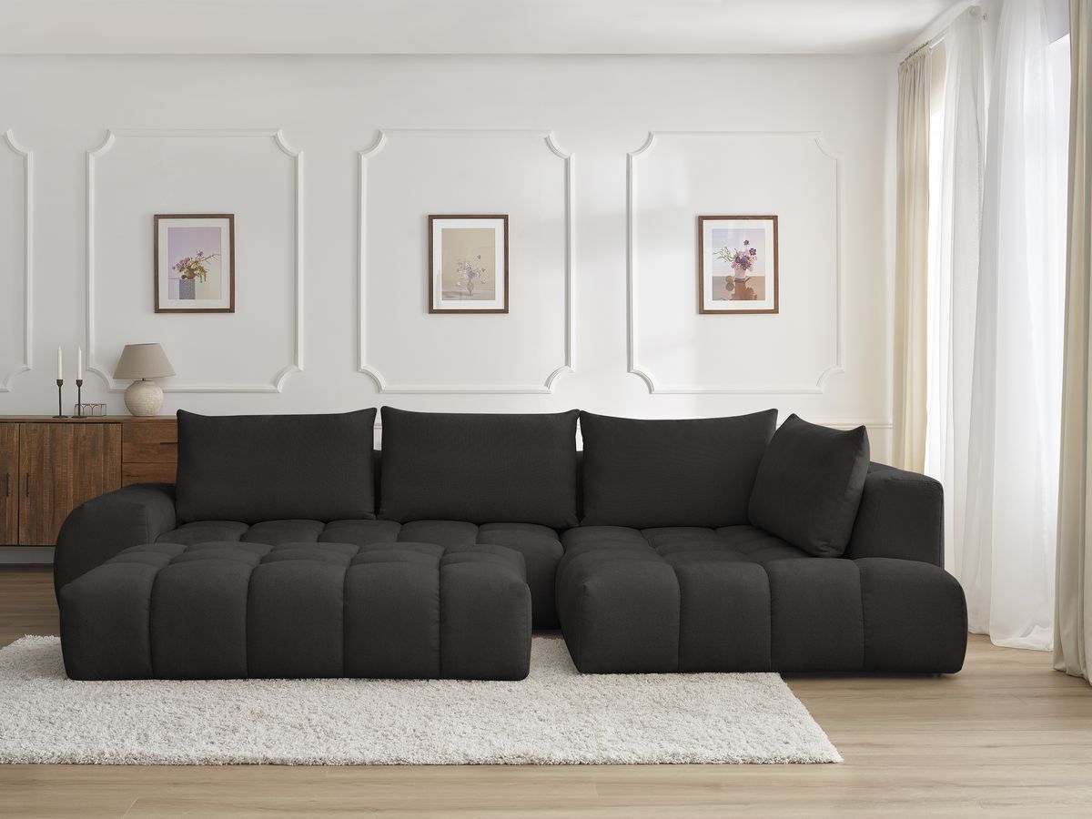 Bobochic Everest Ecksofa mit Schlaffunktion und Pouf, 4 Kissen Strukturstoff Schwarz Ecke rechts