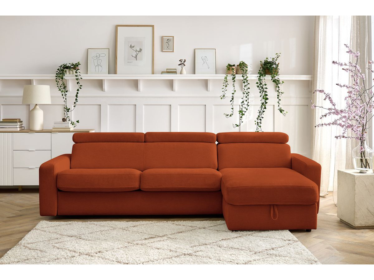 Bobochic Monaco Ecksofa mit Schlaffunktion und Bettkasten Stoff Orange, Liegefläche 160 × 190 cm