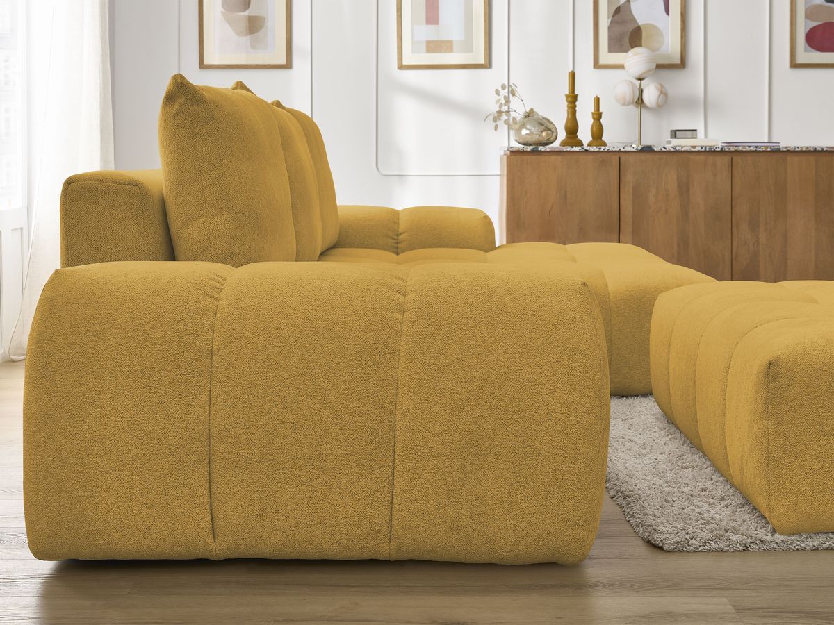 Bobochic Everest Ecksofa mit Schlaffunktion und Bettkasten und Pouf 318 × 180 cm, 3 Kissen Melange-Stoff Gelb Ecke rechts