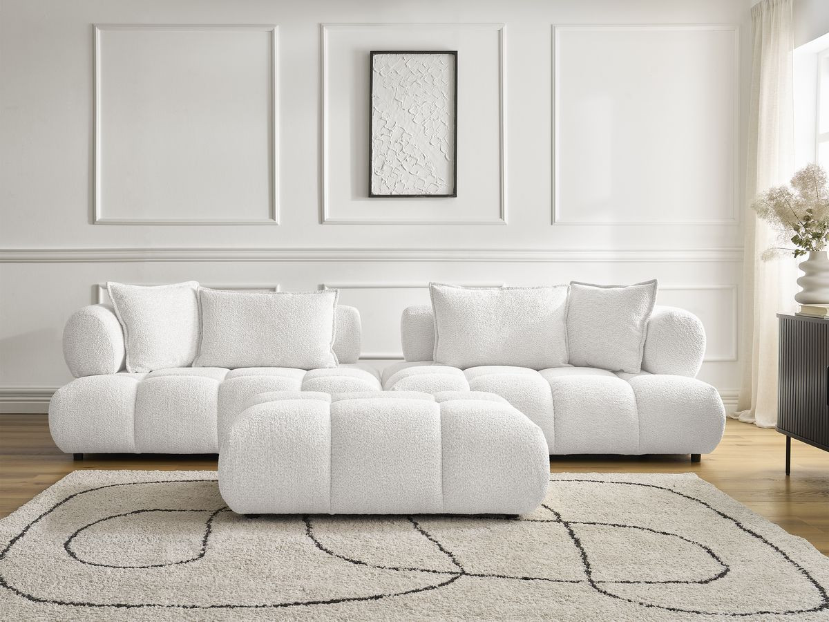 Bobochic Alya Sofa 4-Sitzer mit Pouf Bouclé-Stoff Weiß