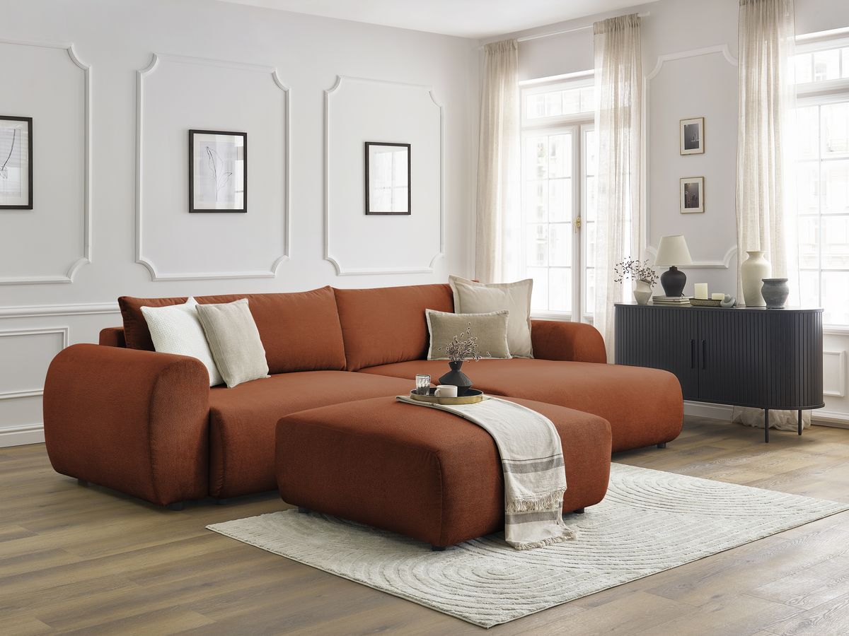 Bobochic Lucien Ecksofa mit Schlaffunktion und Bettkasten und Pouf 314 × 167 cm Stoff Orange Ecke rechts