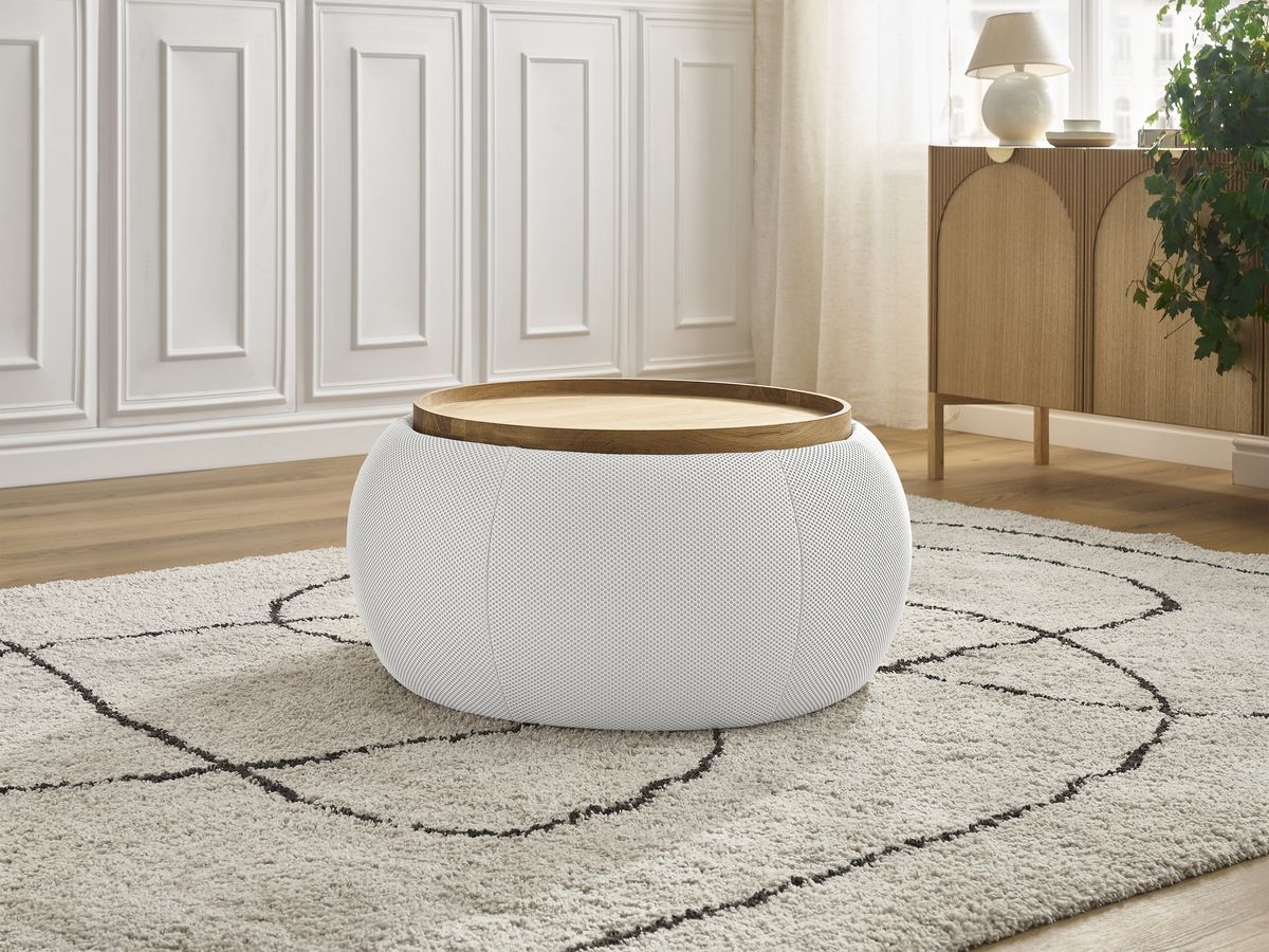 Bobochic Hayden Pouf mit Tablett, rund Mesh-Stoff Weiß, 77 cm