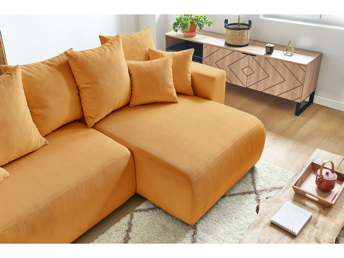 Bobochic Envy Ecksofa mit Schlaffunktion und Bettkasten und Pouf Cordsamt Gelb