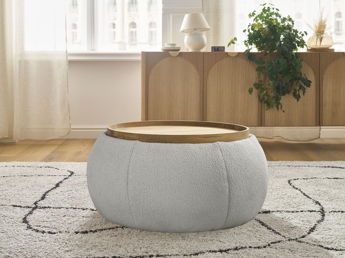Bobochic Hayden Pouf mit Tablett, rund Bouclé-Stoff Hellgrau, 77 cm