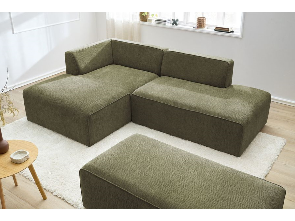 Bobochic Megeve Ecksofa mit Schlaffunktion und Pouf Strukturstoff Grün Ecke links