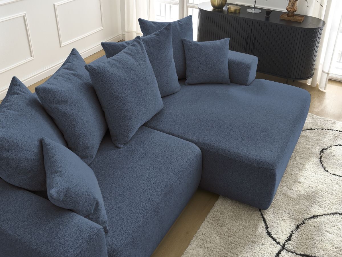 Bobochic Atilla Ecksofa mit Schlaffunktion und Bettkasten Melange-Stoff Blau Ecke rechts