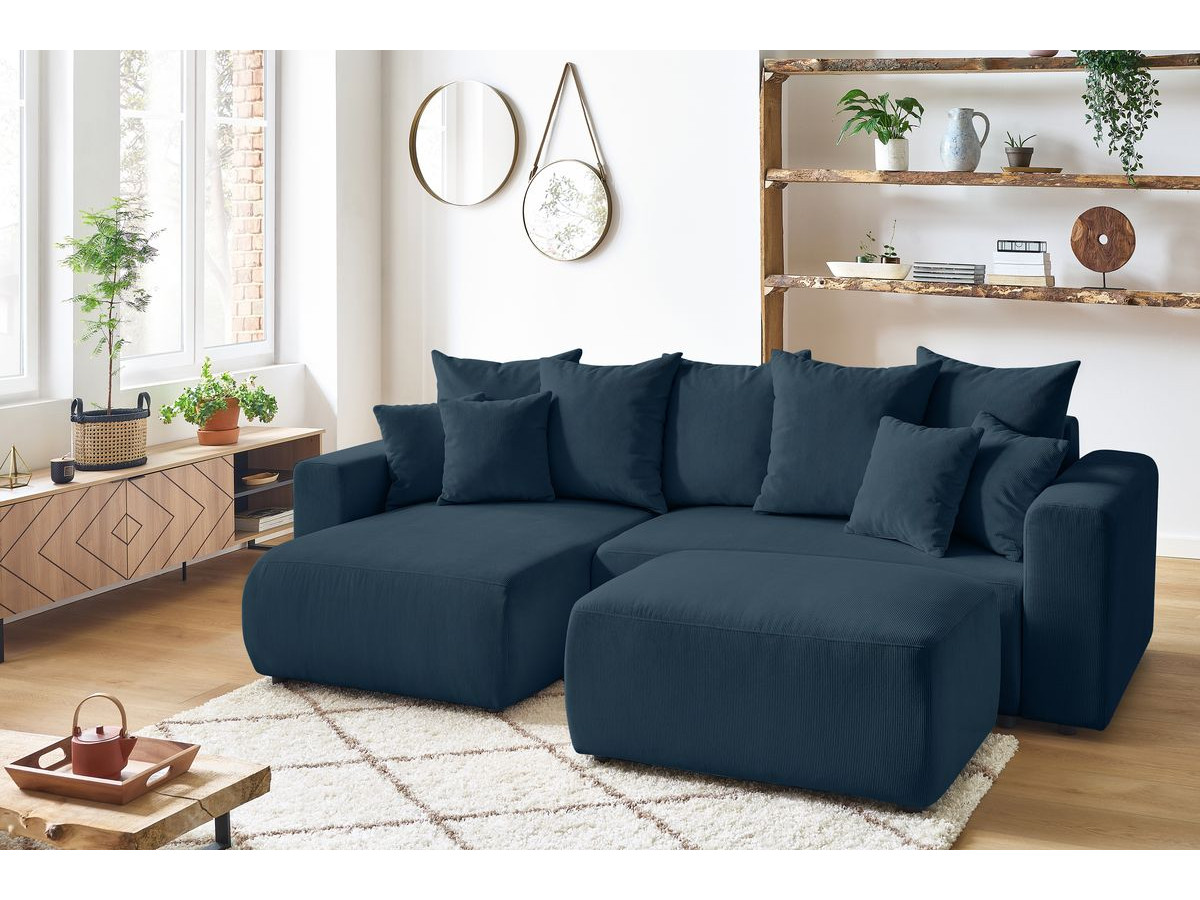 Bobochic Envy Ecksofa mit Schlaffunktion und Bettkasten und Pouf Cordsamt Dunkelblau