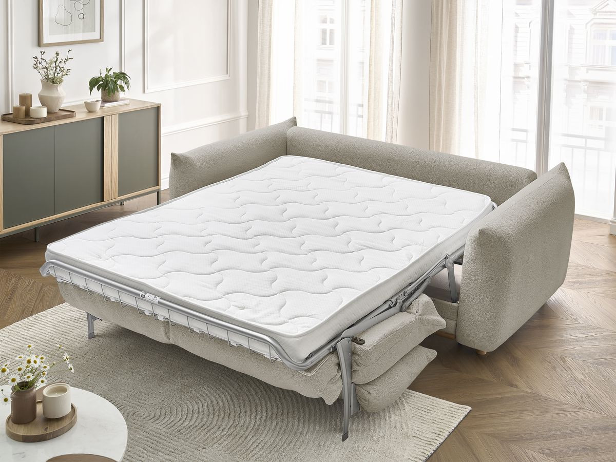Bobochic Ernest Schlafsofa 3-Sitzer, Liegefläche 190 × 140 / 160 cm Bouclé-Stoff Taupe, Liegefläche 140 × 190 cm