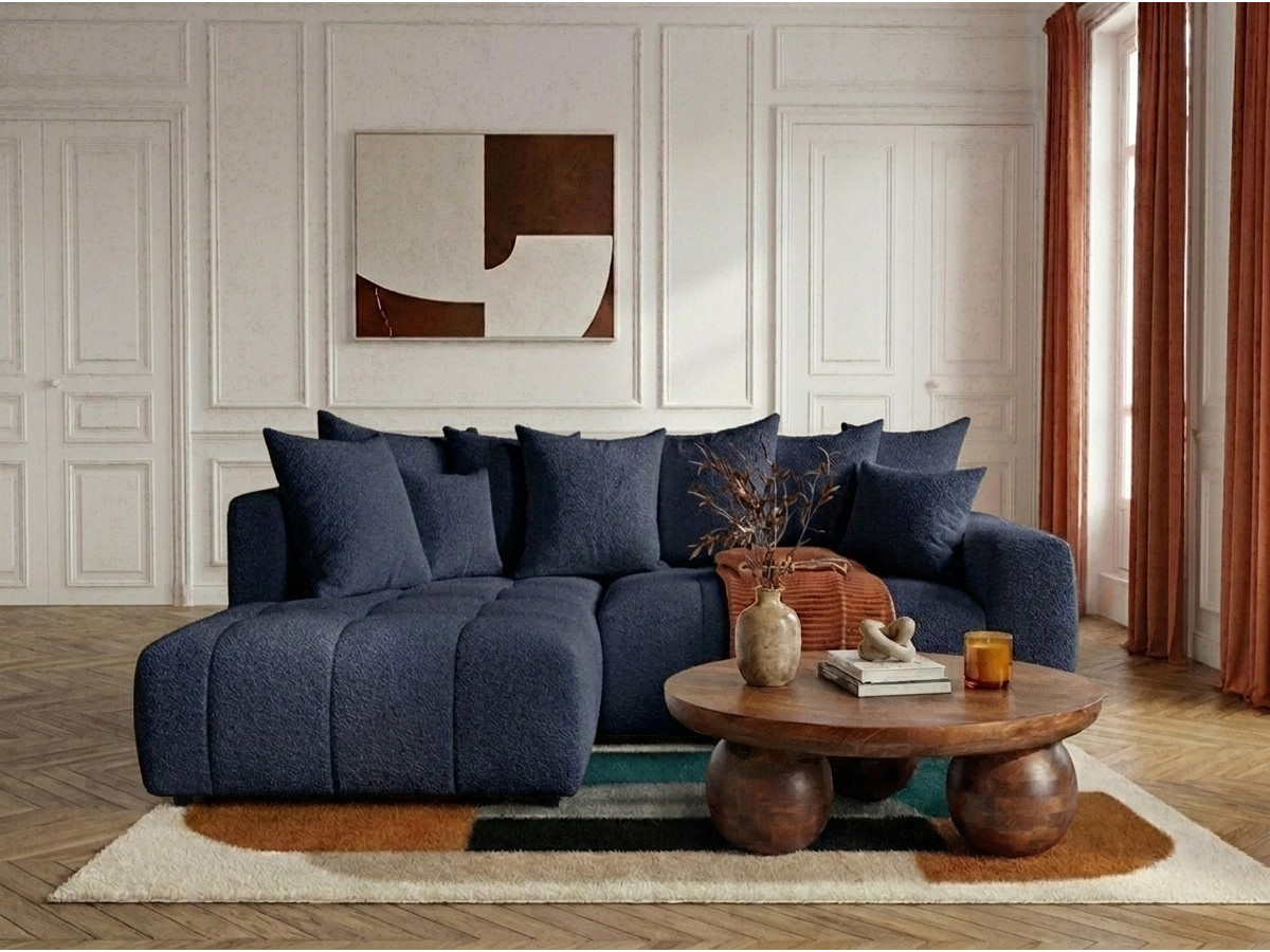 Bobochic Roxelane Ecksofa mit Schlaffunktion und Bettkasten Bouclé-Stoff Dunkelblau Ecke links