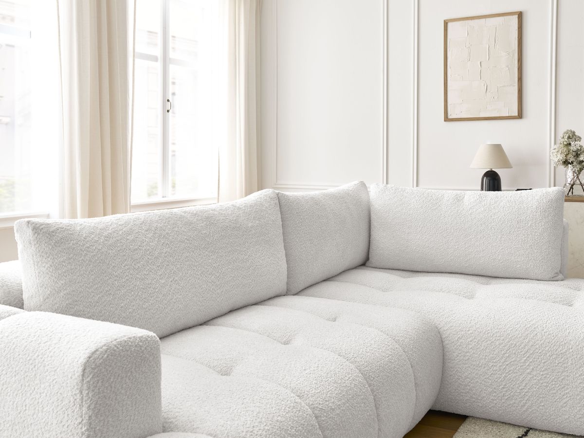 Bobochic Fuji Ecksofa mit Schlaffunktion und Bettkasten 282 × 204 cm Bouclé-Stoff Weiß Ecke rechts