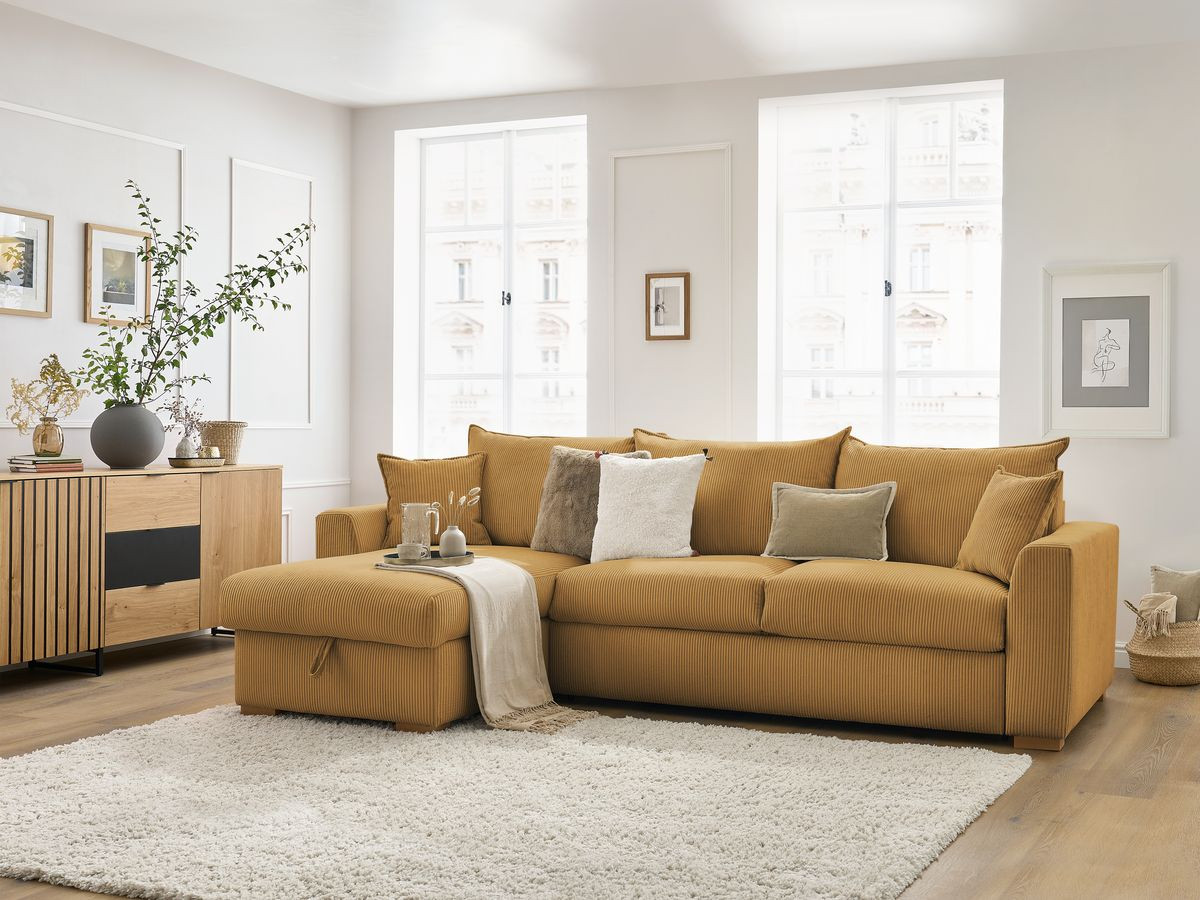 Bobochic Augustin Ecksofa mit Schlaffunktion und Bettkasten Cordsamt Gelb, Liegefläche 140 × 200 cm