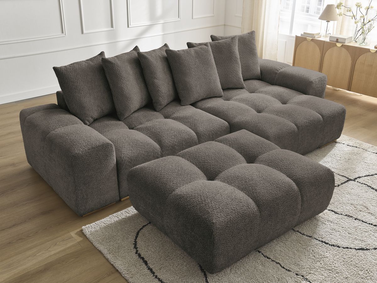Bobochic Anakin Ecksofa mit Pouf, 6 Kissen Bouclé-Stoff Braun