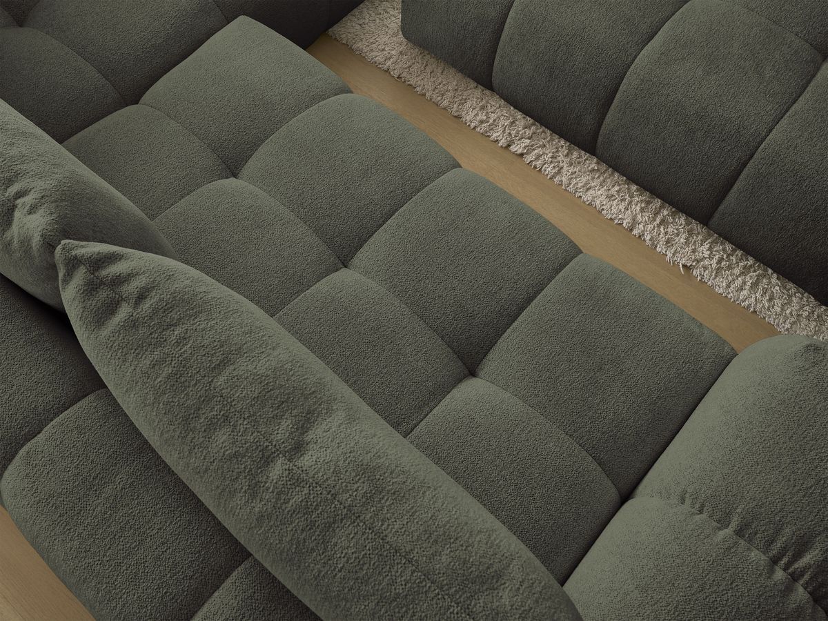 Bobochic Everest Ecksofa mit Schlaffunktion und Bettkasten und Pouf 320 × 212 cm, 5 Kissen Melange-Stoff Grün Ecke rechts