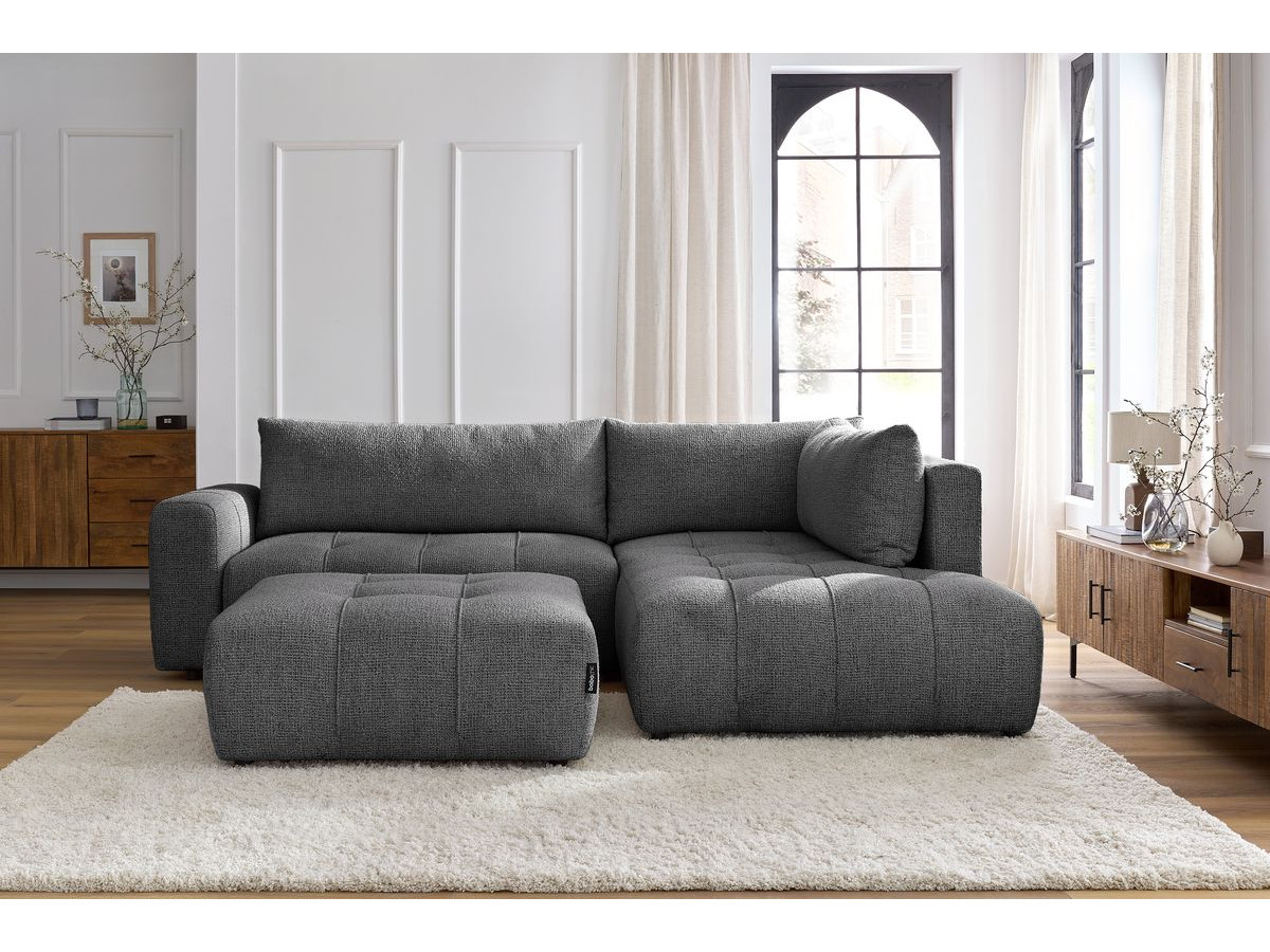 Bobochic Arsene Ecksofa mit Schlaffunktion und Bettkasten und Pouf 277 × 200 cm Melange-Stoff Dunkelgrau Ecke rechts