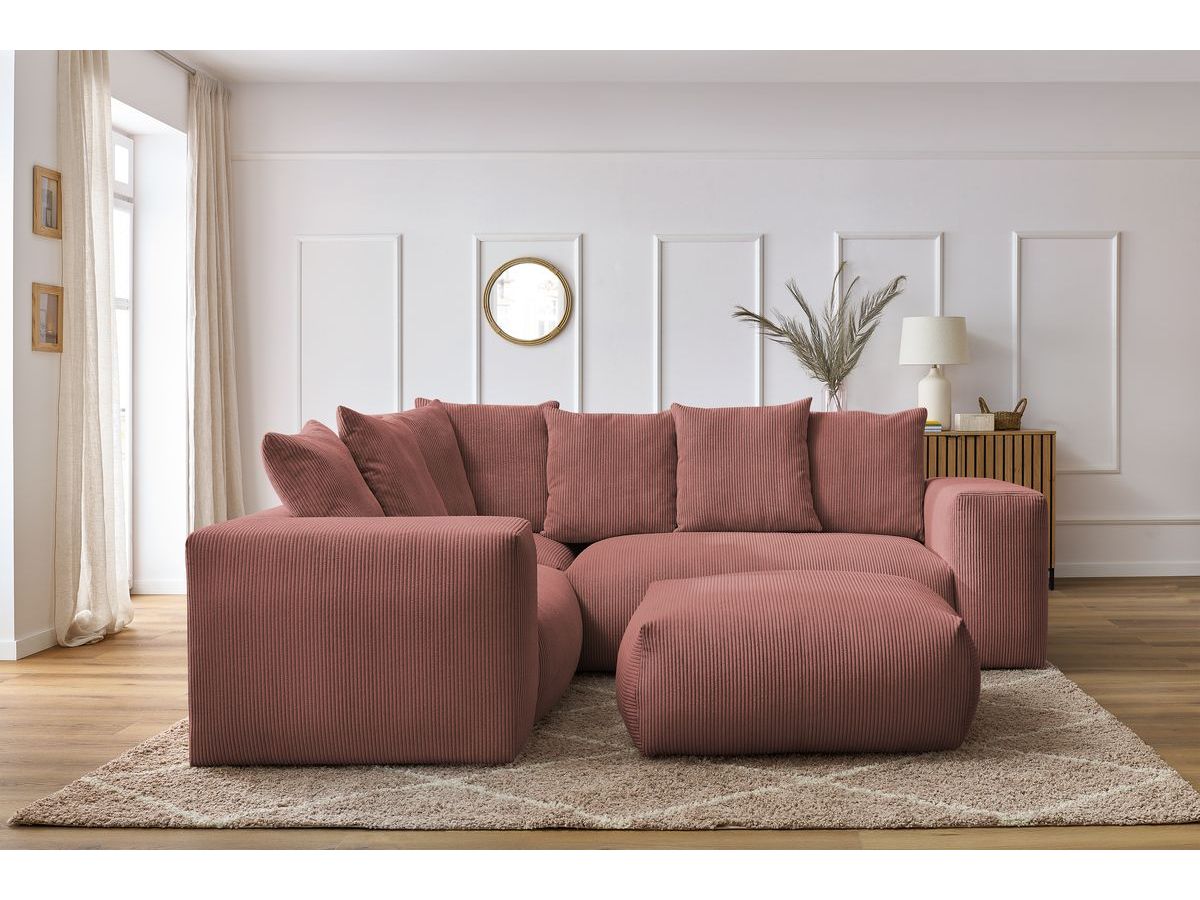 Bobochic Voltaire Ecksofa mit Pouf 268 × 214 cm Cordsamt Rosa Ecke links