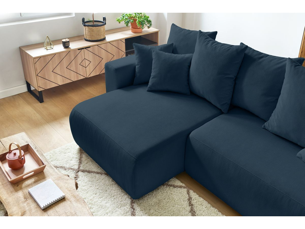 Bobochic Envy Ecksofa mit Schlaffunktion und Bettkasten und Pouf Cordsamt Dunkelblau