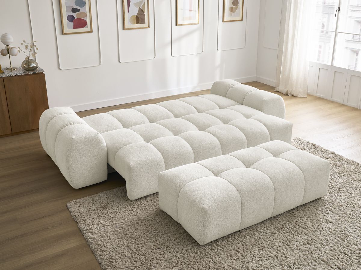 Bobochic Everest Schlafsofa 3-Sitzer mit Bettkasten und Pouf, 2 Kissen Melange-Stoff Weiß