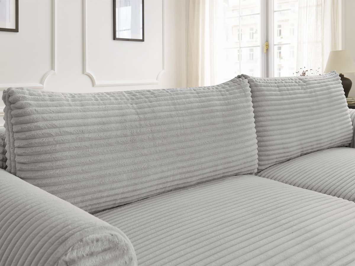 Bobochic Lucien Ecksofa mit Schlaffunktion und Bettkasten und Pouf 314 × 167 cm Breitcord weich Hellgrau Ecke rechts
