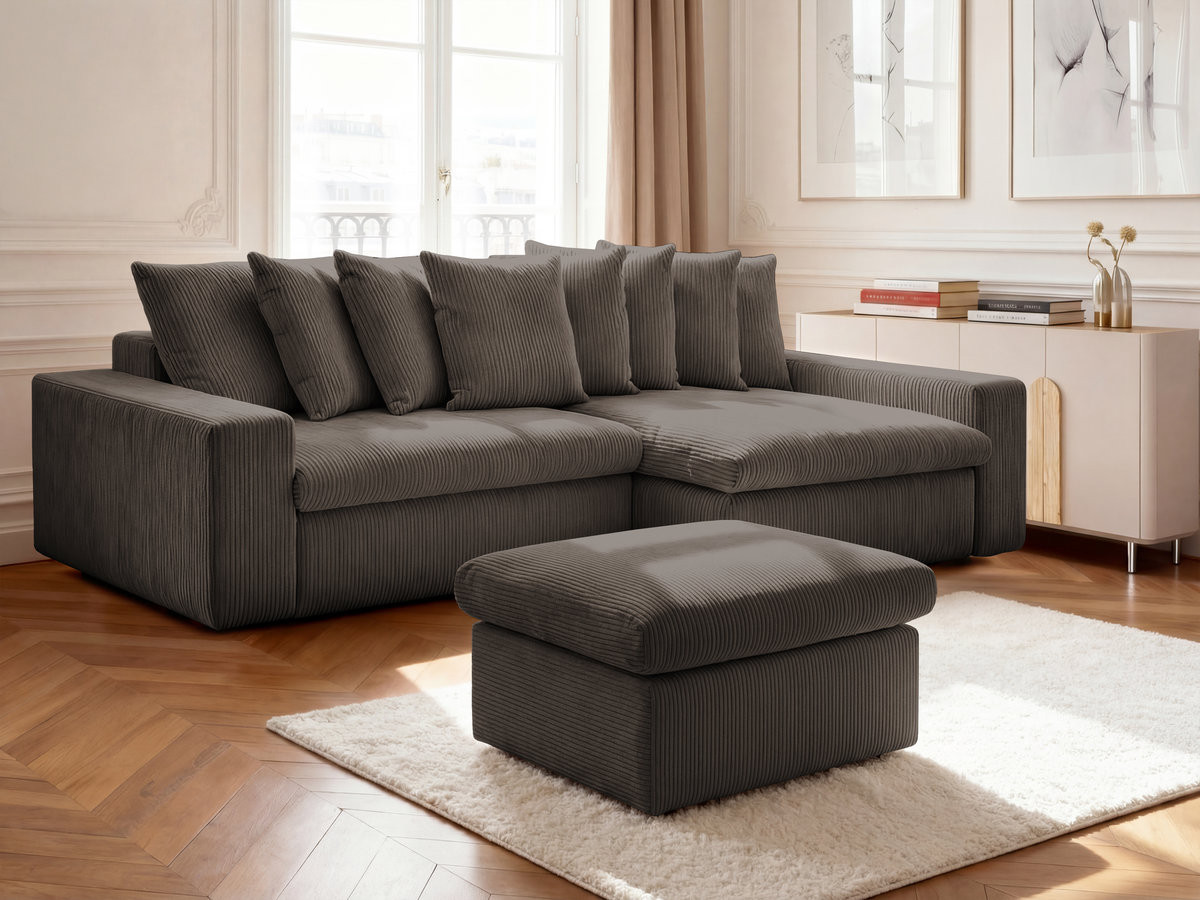 Bobochic Enore Ecksofa mit Pouf Cordsamt Taupe Ecke rechts
