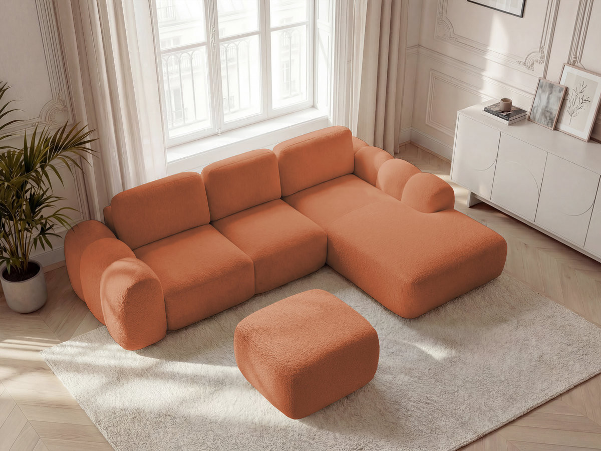 Bobochic Montaigne Ecksofa mit Schlaffunktion und Bettkasten und Pouf 288 × 196 cm Bouclé-Stoff Orange Ecke rechts