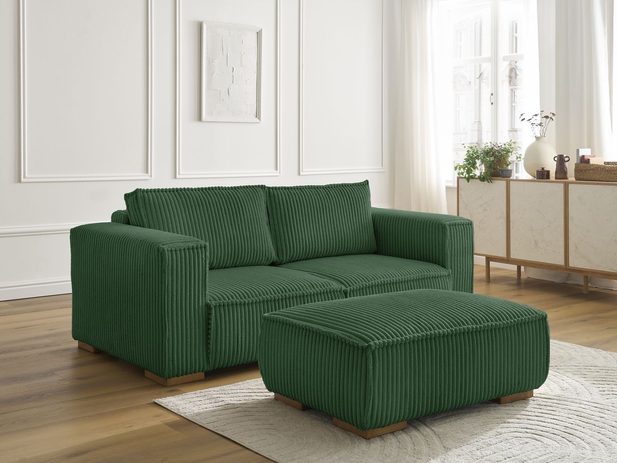 Bobochic Chelsea Sofa 3-Sitzer mit Pouf Breitcord weich Grün