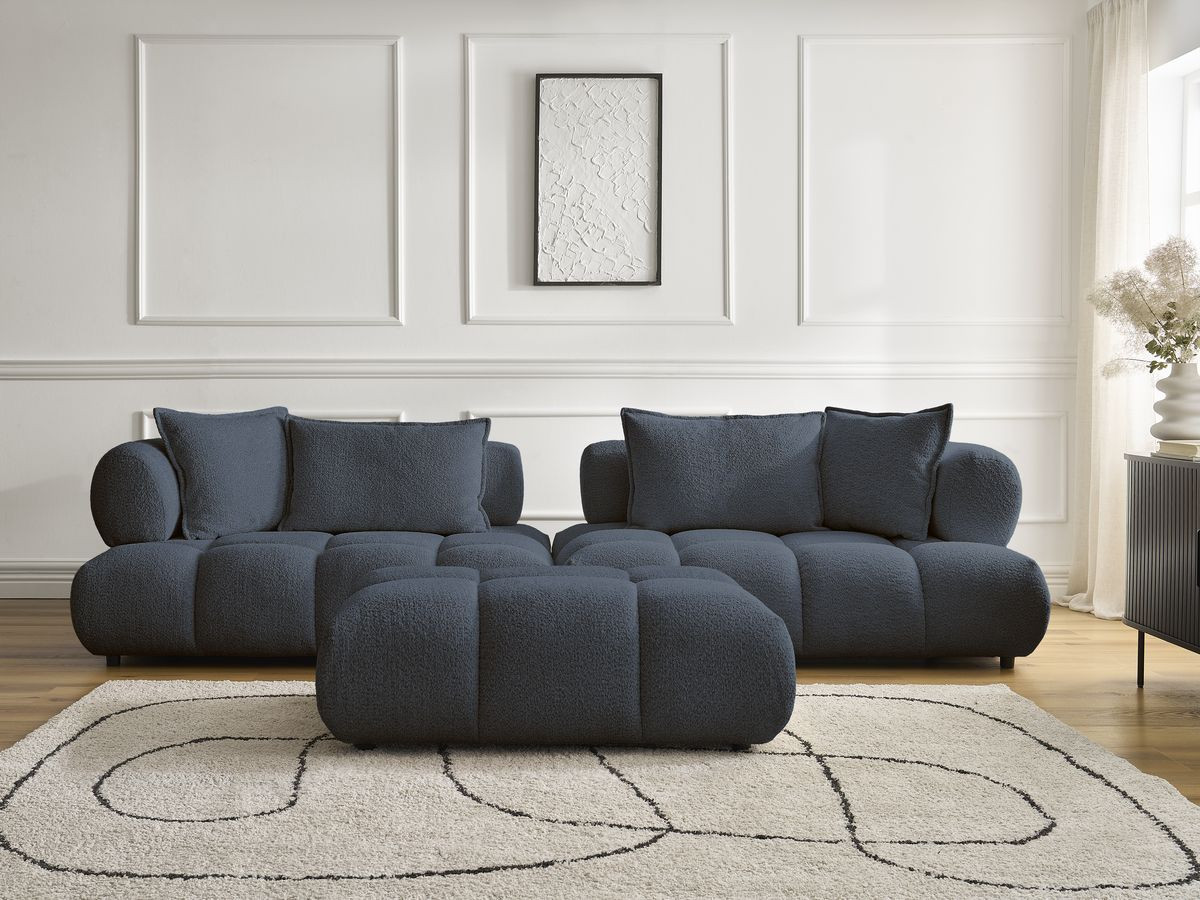 Bobochic Alya Sofa 4-Sitzer mit Pouf Bouclé-Stoff Dunkelblau