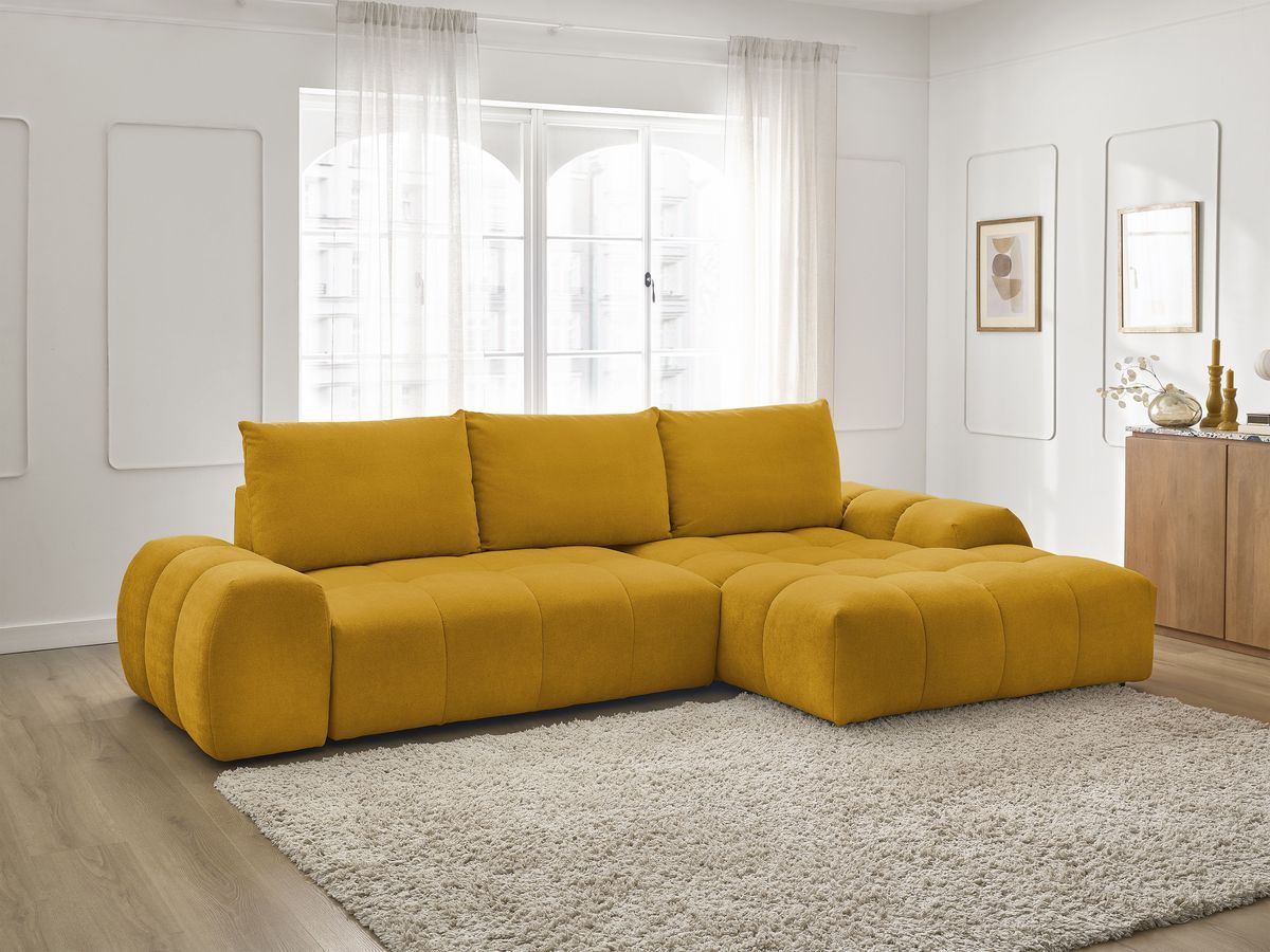 Bobochic Everest Ecksofa mit Schlaffunktion und Bettkasten 318 × 180 cm, 3 Kissen Strukturstoff Gelb Ecke rechts
