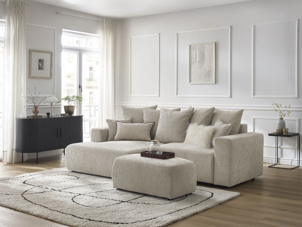 Bobochic Atilla Ecksofa mit Schlaffunktion und Bettkasten und Pouf Strukturstoff Beige Ecke links