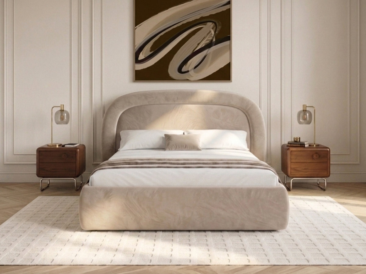 Bobochic Simone Polsterbett mit Bettkasten Samt Beige, Liegefläche 140 × 190 cm