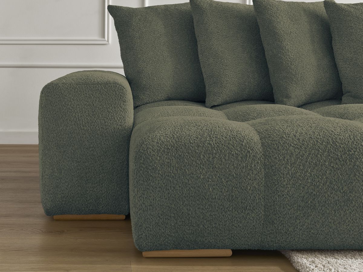 Bobochic Anakin Wohnlandschaft mit Pouf, Liegefläche 137 × 382 cm, 10 Kissen Bouclé-Stoff Grün