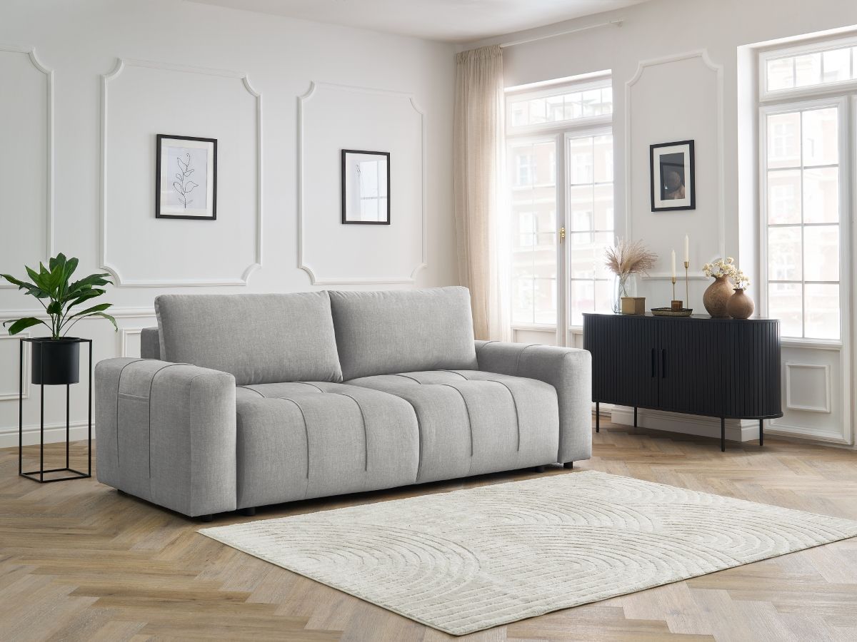 Bobochic Arsene Schlafsofa 3-Sitzer mit Bettkasten Samt Hellgrau
