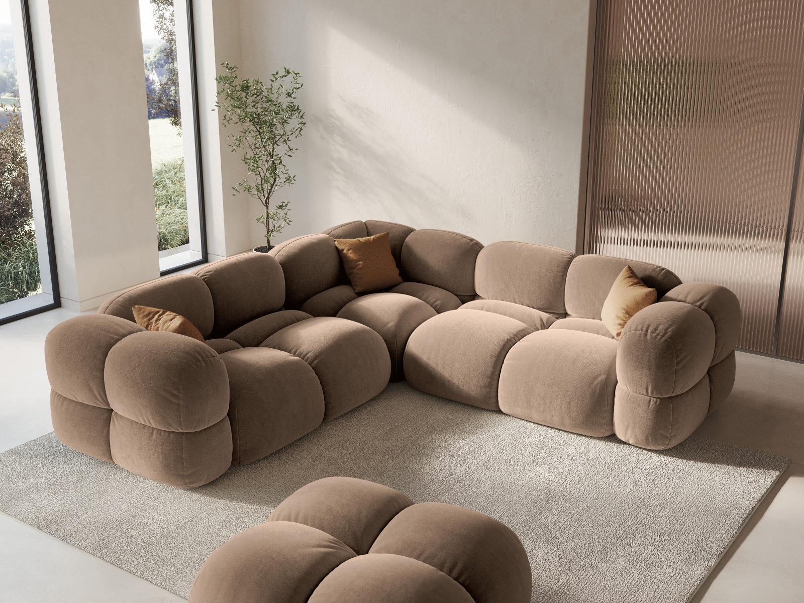 Cosmopolitan Design Symmetrisches Ecksofa Loretto 4-Sitzer Samt Vogue Dunkelbeige