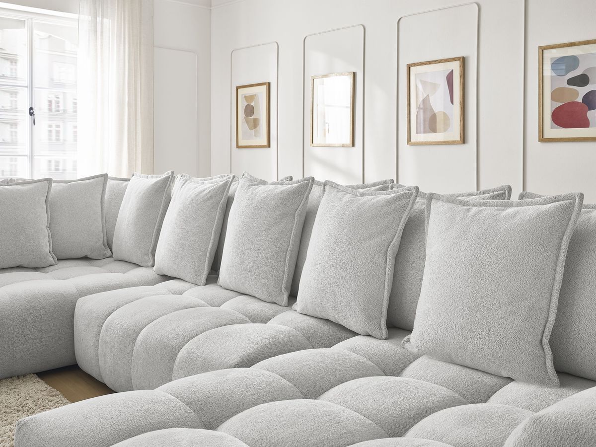 Bobochic Everest Wohnlandschaft, 14 Kissen Melange-Stoff Hellgrau Ecke rechts