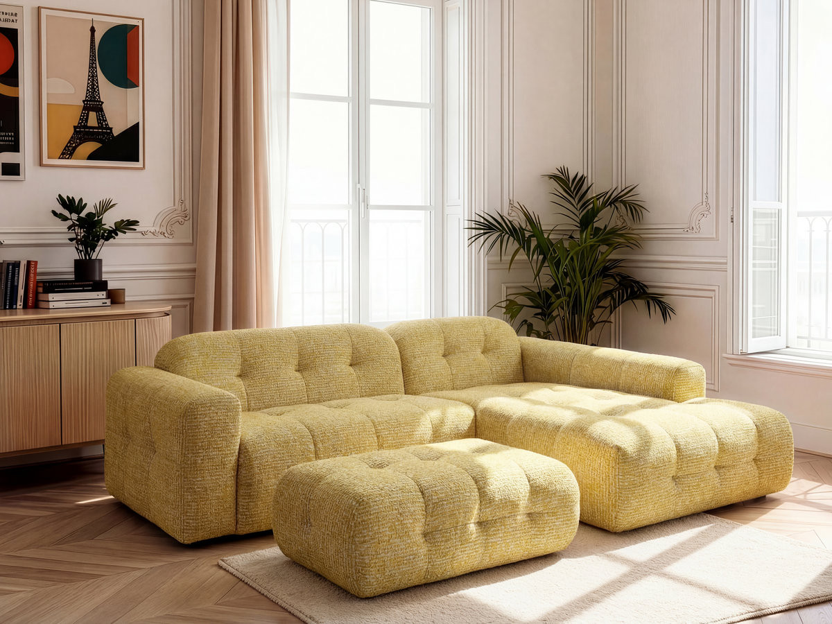 Bobochic Laura Ecksofa mit großem Pouf Melange-Stoff Gelb Ecke rechts