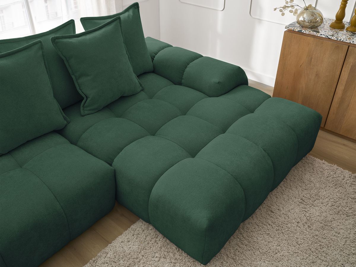 Bobochic Everest Ecksofa mit Schlaffunktion und Bettkasten 318 × 180 cm, 7 Kissen Strukturstoff Grün Ecke rechts