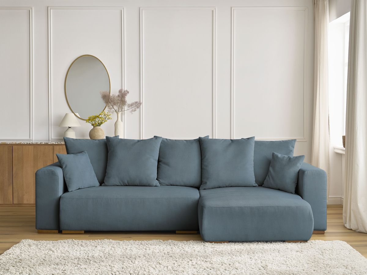 Bobochic Sidonie Ecksofa mit Schlaffunktion und Bettkasten Cordsamt Dunkelblau