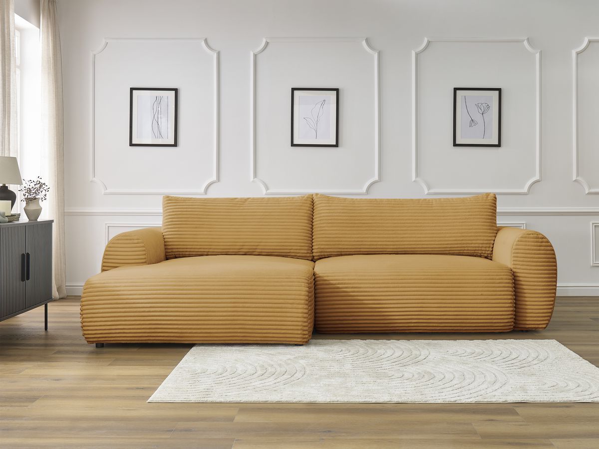 Bobochic Lucien Ecksofa mit Schlaffunktion und Bettkasten 314 × 167 cm Breitcord weich Gelb Ecke links