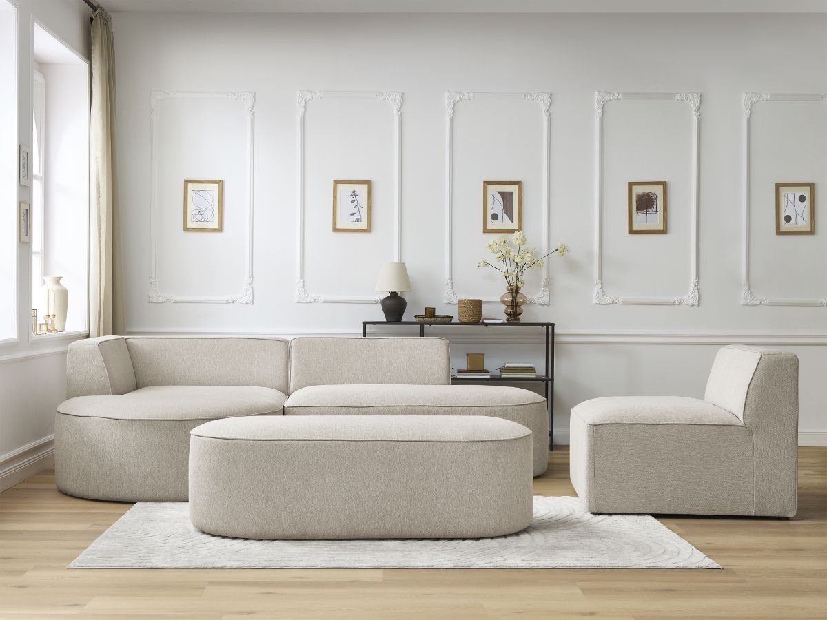 Bobochic Rousseau Ecksofa mit Sofamodul und Pouf Melange-Stoff Beige Ecke links