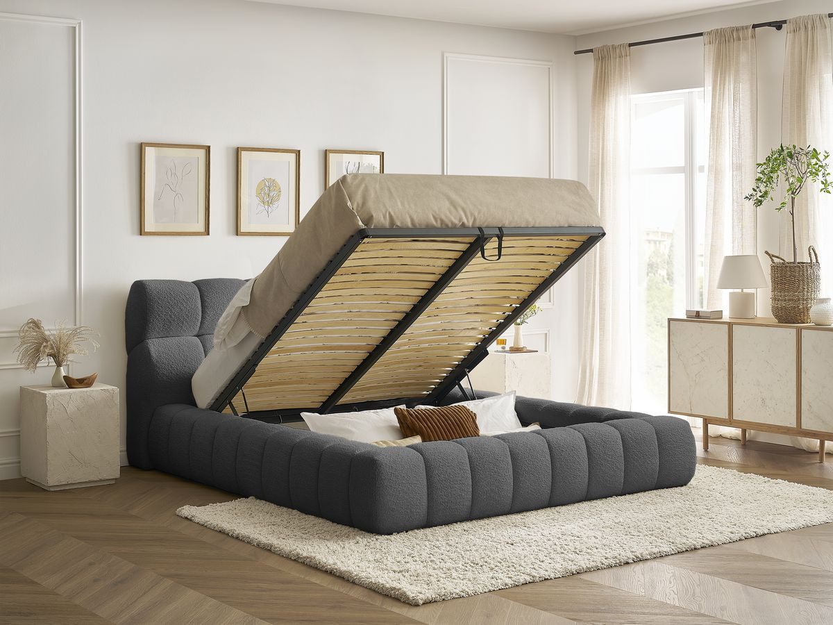 Bobochic Mont-blanc Polsterbett mit Bettkasten Bouclé-Stoff Dunkelgrau, Liegefläche 140 × 190 cm