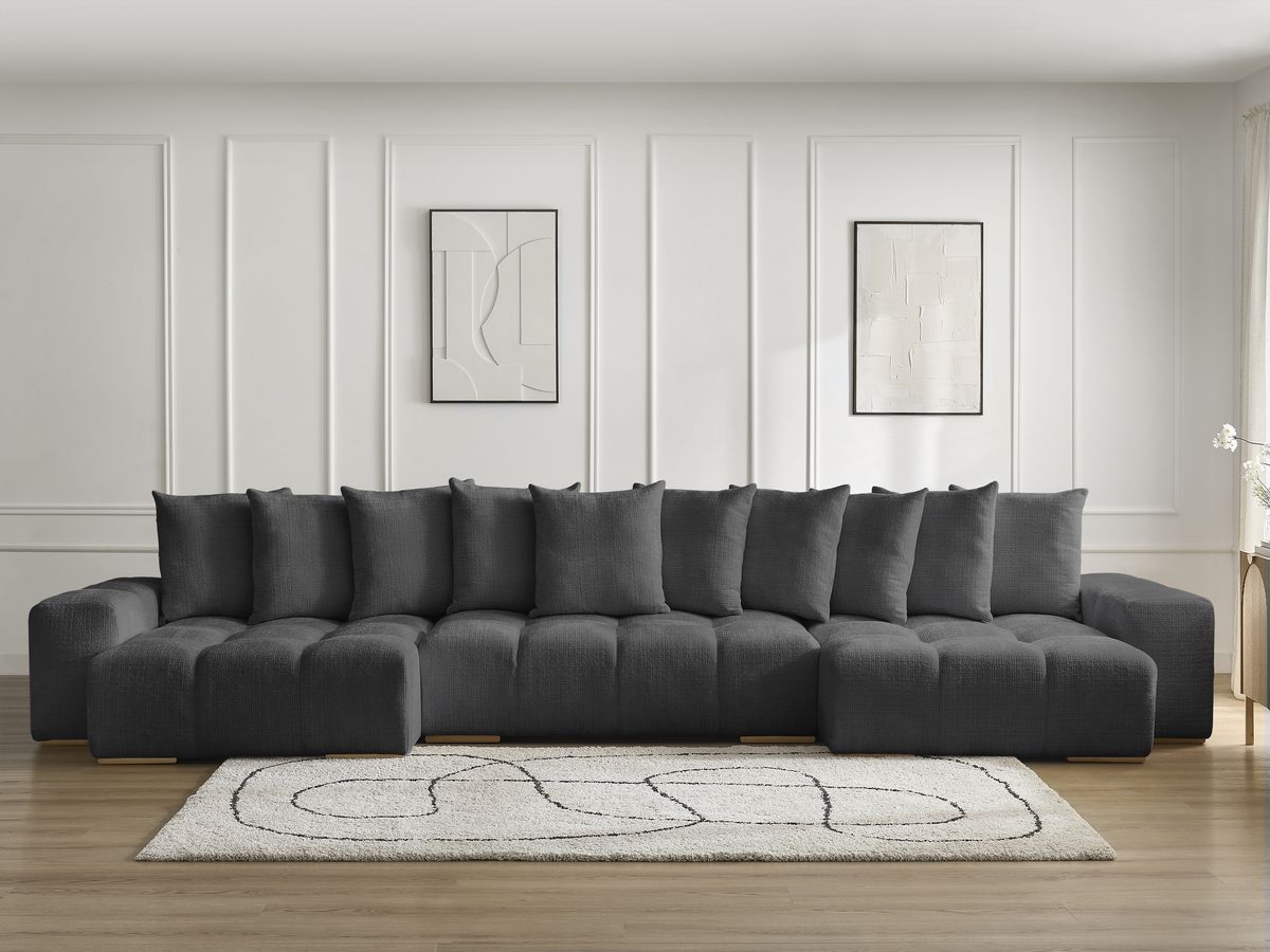 Bobochic Anakin Wohnlandschaft, Liegefläche 137 × 382 cm, 10 Kissen Strukturstoff Schwarz