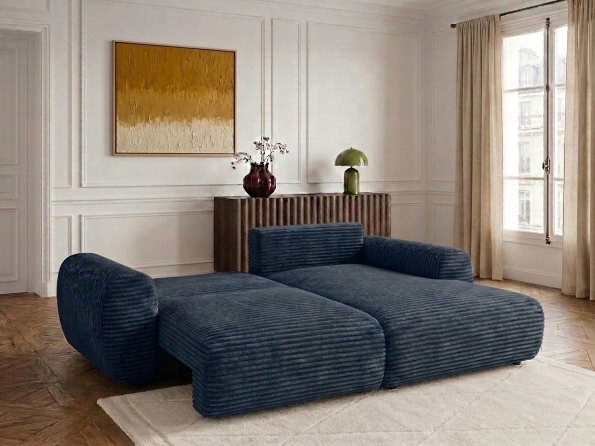 Bobochic Lucien Ecksofa mit Schlaffunktion und Bettkasten Breitcord weich Dunkelblau Ecke rechts
