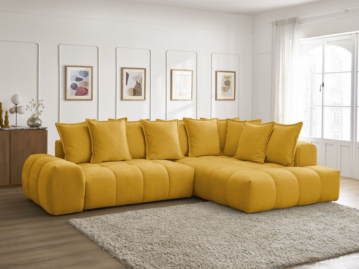 Bobochic Everest Ecksofa mit Schlaffunktion und Bettkasten 320 × 212 cm, 10 Kissen Strukturstoff Gelb Ecke rechts