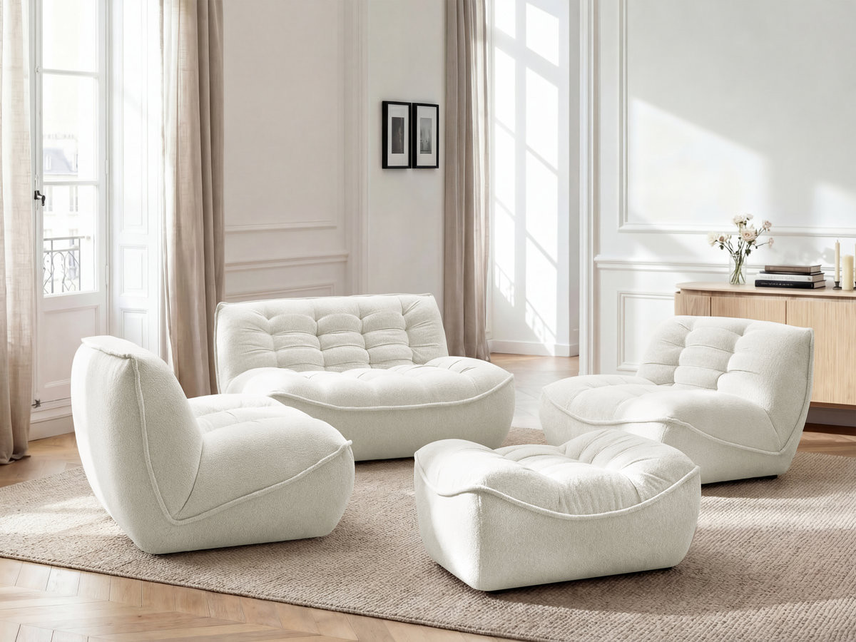 Bobochic Serena Sofa 4-Sitzer mit Pouf Melange-Stoff Weiß