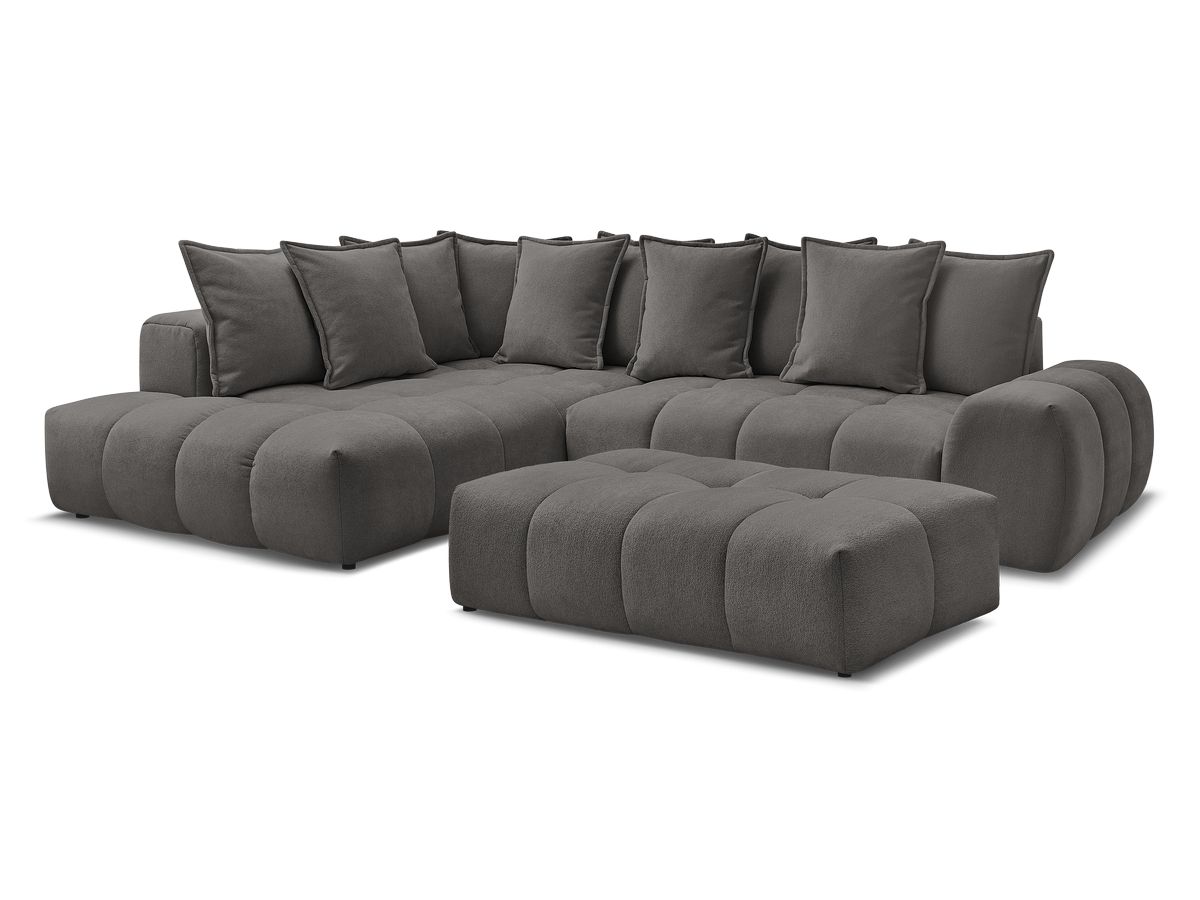 Bobochic Everest Ecksofa mit Schlaffunktion und Bettkasten und Pouf 320 × 212 cm, 10 Kissen Strukturstoff Dunkelgrau Ecke links