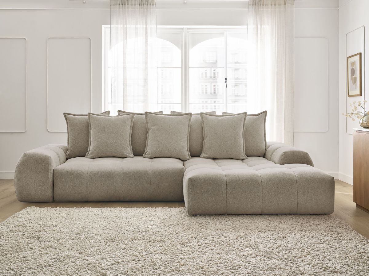 Bobochic Everest Ecksofa mit Schlaffunktion und Bettkasten 318 × 180 cm, 7 Kissen Melange-Stoff Taupe Ecke rechts