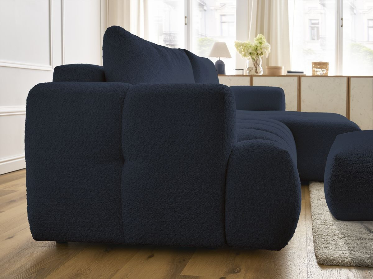 Bobochic Fuji Ecksofa mit Schlaffunktion und Bettkasten und Pouf 292 × 160 cm Bouclé-Stoff Dunkelblau Ecke rechts